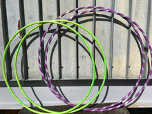 Load image into Gallery viewer, two sets of custom made hula hoops, one lime green hula hoop twins and another in purple and polypro hoop