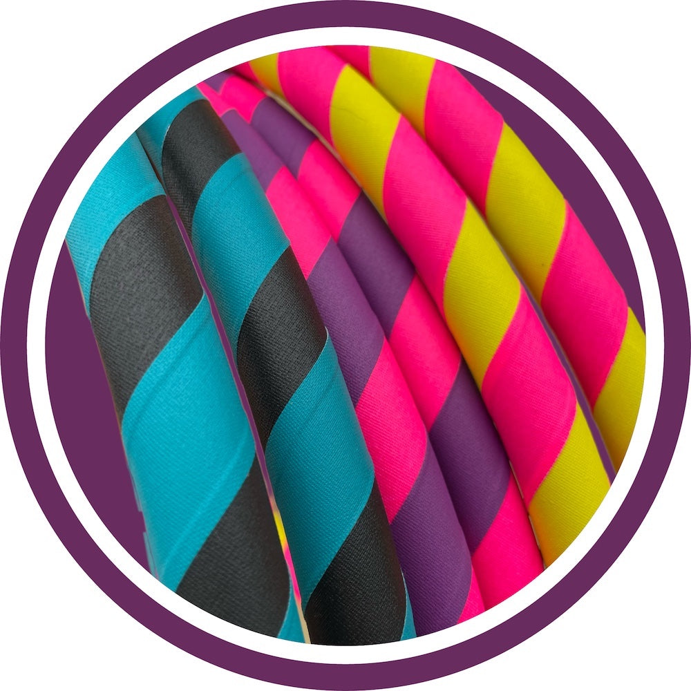 three colours of taped polypro hoops up close