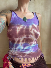 Load image into Gallery viewer, woman wearing purple and brown tiedye top in size 10
