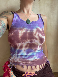 woman wearing purple and brown tiedye top in size 10